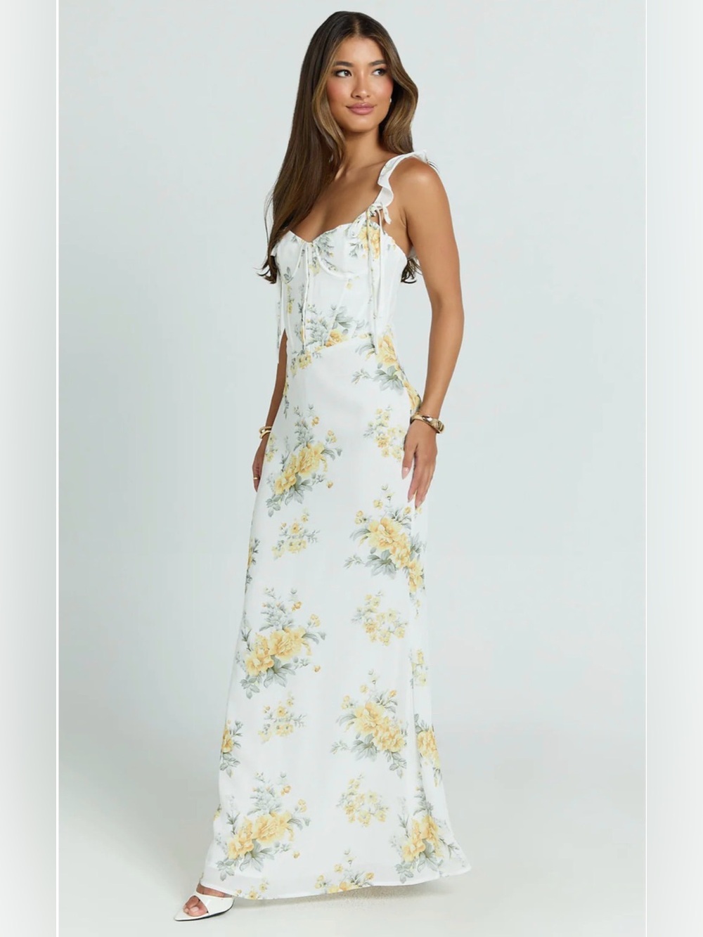 Mabel Maxi Dress Antique Floral Yellow White Corset Dress